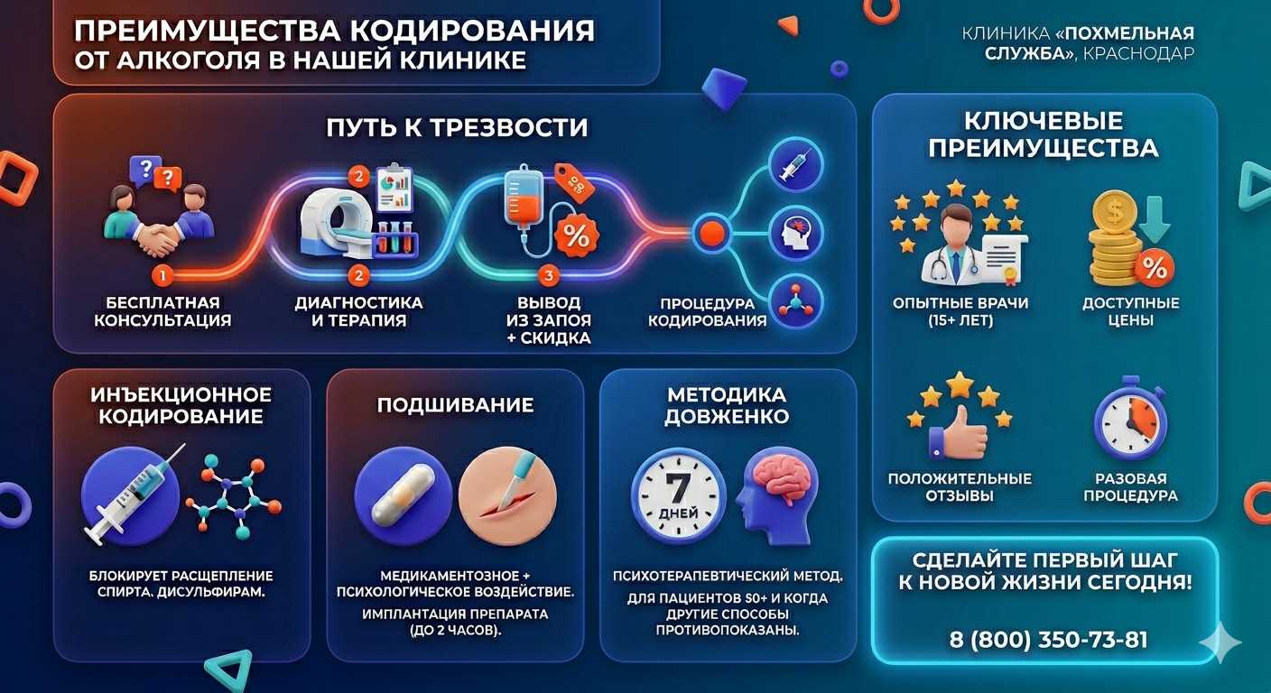 Инфографика о методах кодирования от алкоголя в Канаше: инъекции, подшивание, метод Довженко. Преимущества клиники и этапы лечения.