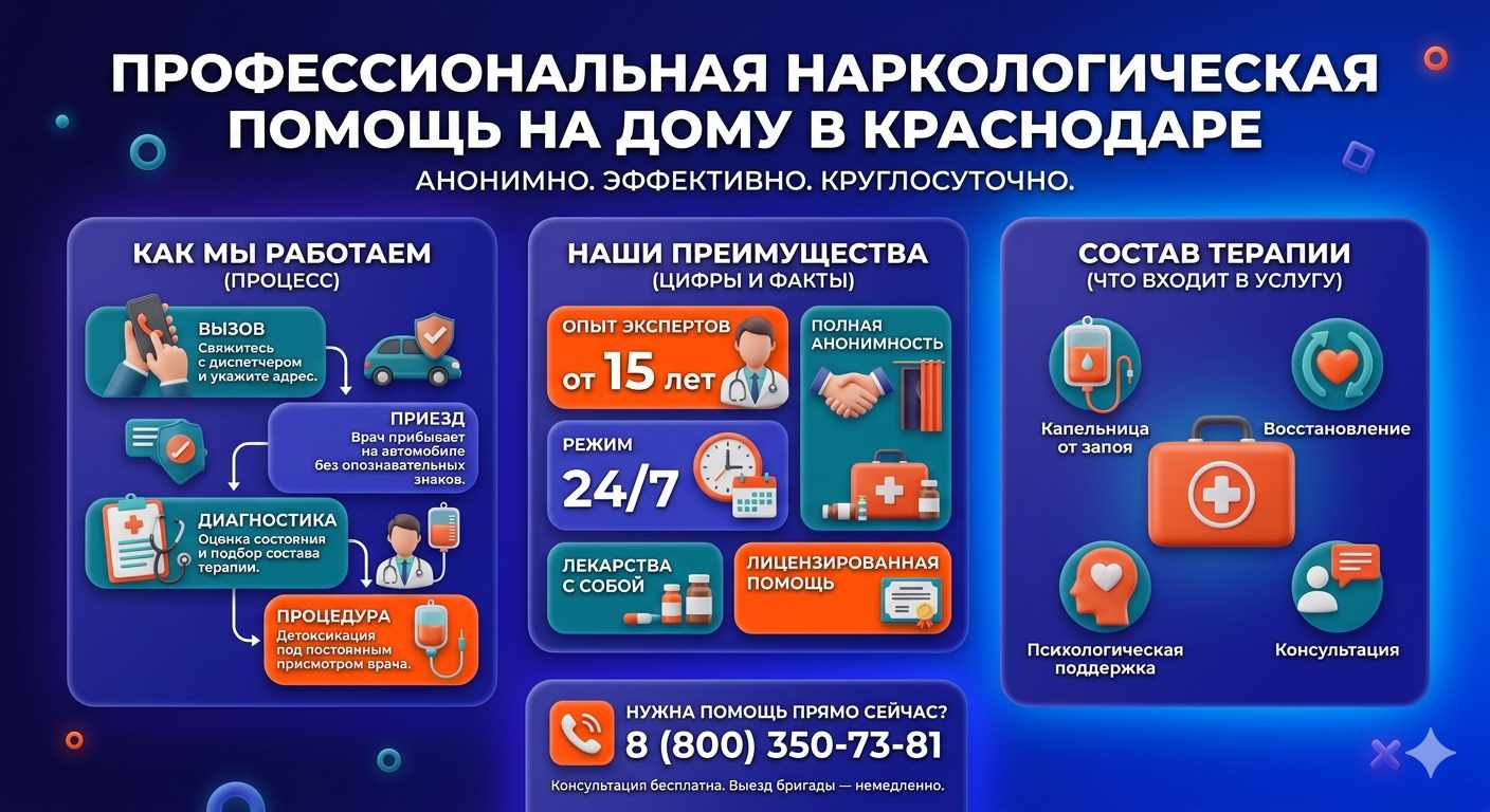 Инфографика о принципах лечения алкоголизма на дому в Канаше: этапы вызова нарколога, преимущества анонимной детоксикации и состав медицинской помощи.